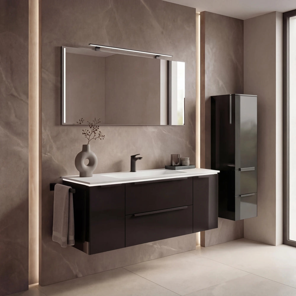 Moderne Badkombination Leo mit schwarzem Glas und LED-Beleuchtung