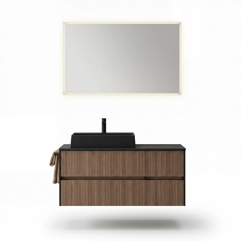 Badprogramm Serie 6010 Pelipal mit Aufsatzwaschtisch, Waschtischunterschrank, Flächenspiegel und LED-Beleuchtung in Linea Eiche Dunkel