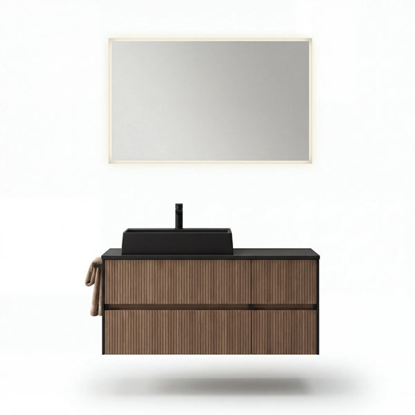 Badprogramm Serie 6010 mit Aufsatzwaschtisch, Waschtischunterschrank, Flächenspiegel und LED-Beleuchtung in Linea Eiche Dunkel