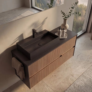 Badprogramm Serie 6010 mit Waschtisch, Waschtischunterschrank und LED-Beleuchtung in Linea Eiche Dunkel