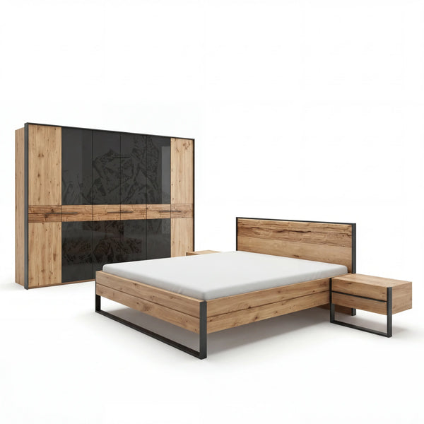 Schlafzimmer Steel Komplett-Set aus Wildeiche mit Komfort-Bett und schwebenden Nachtkonsolen
