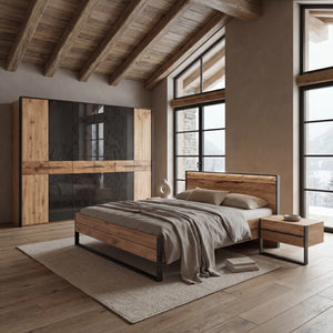 Schlafzimmer Steel Komplett-Set aus Wildeiche mit Komfort-Bett und schwebenden Nachtkonsolen