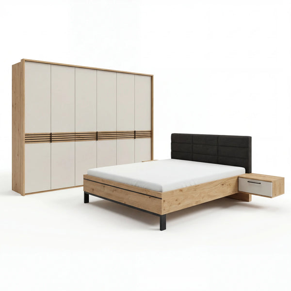 Modernes Schlafzimmer Avior mit schwebenden Nachtkonsolen und Luxusbett von Disselkamp