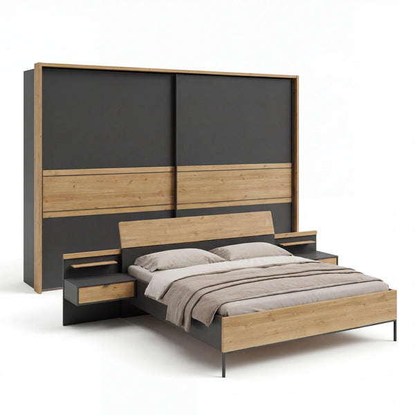 Modernes Schlafzimmer Shiny Set mit Futonbett 180x200 cm, Holzkopfteil und schwebenden Nachtkonsolen von Wiemann
