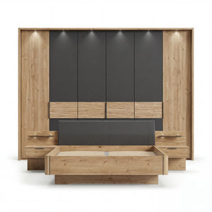 Schlafzimmer Mumbai Komplett-Set in Graphit-Dekor mit schwebenden Nachtkonsolen und Doppelbett