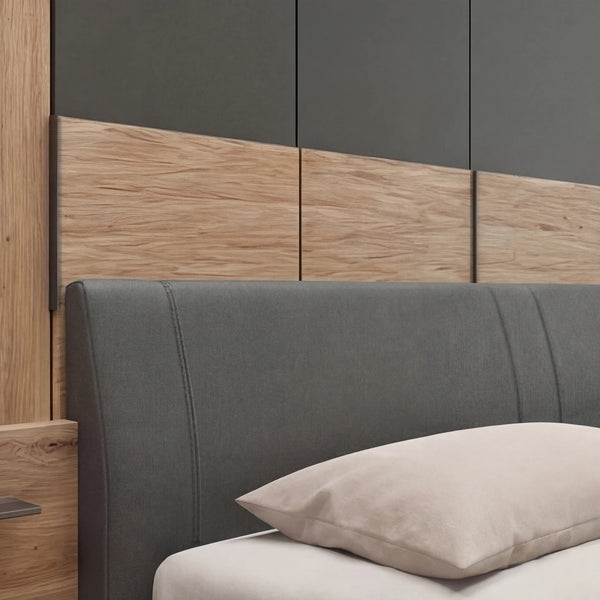 Modernes Schlafzimmer Mumbai Set in Graphit mit Doppelbett, Kleiderschrank und schwebenden Nachtkonsolen.