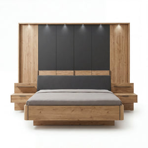 Modernes Schlafzimmer Mumbai Set in Graphit-Dekor mit Kleiderschrank, Doppelbett und schwebenden Nachtkonsolen