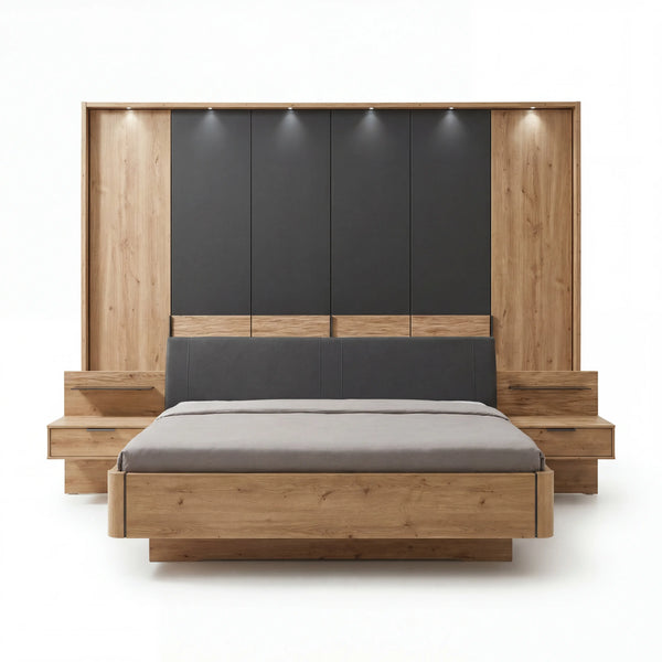 Modernes Schlafzimmer Mumbai Set in Graphit-Dekor mit Kleiderschrank, Doppelbett und schwebenden Nachtkonsolen