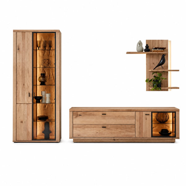 Wohnwand Rojo mit Vitrine, TV-Unterteil & Wandboard