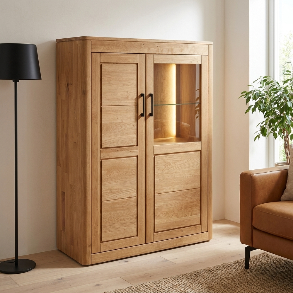 Highboard 25005 (105 cm) – Eiche vollmassiv mit Vitrine