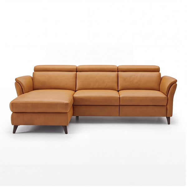 Ecksofa in Leder Dijon „Punch" mit Anstellhocker rechts, Chromfuß schwarz