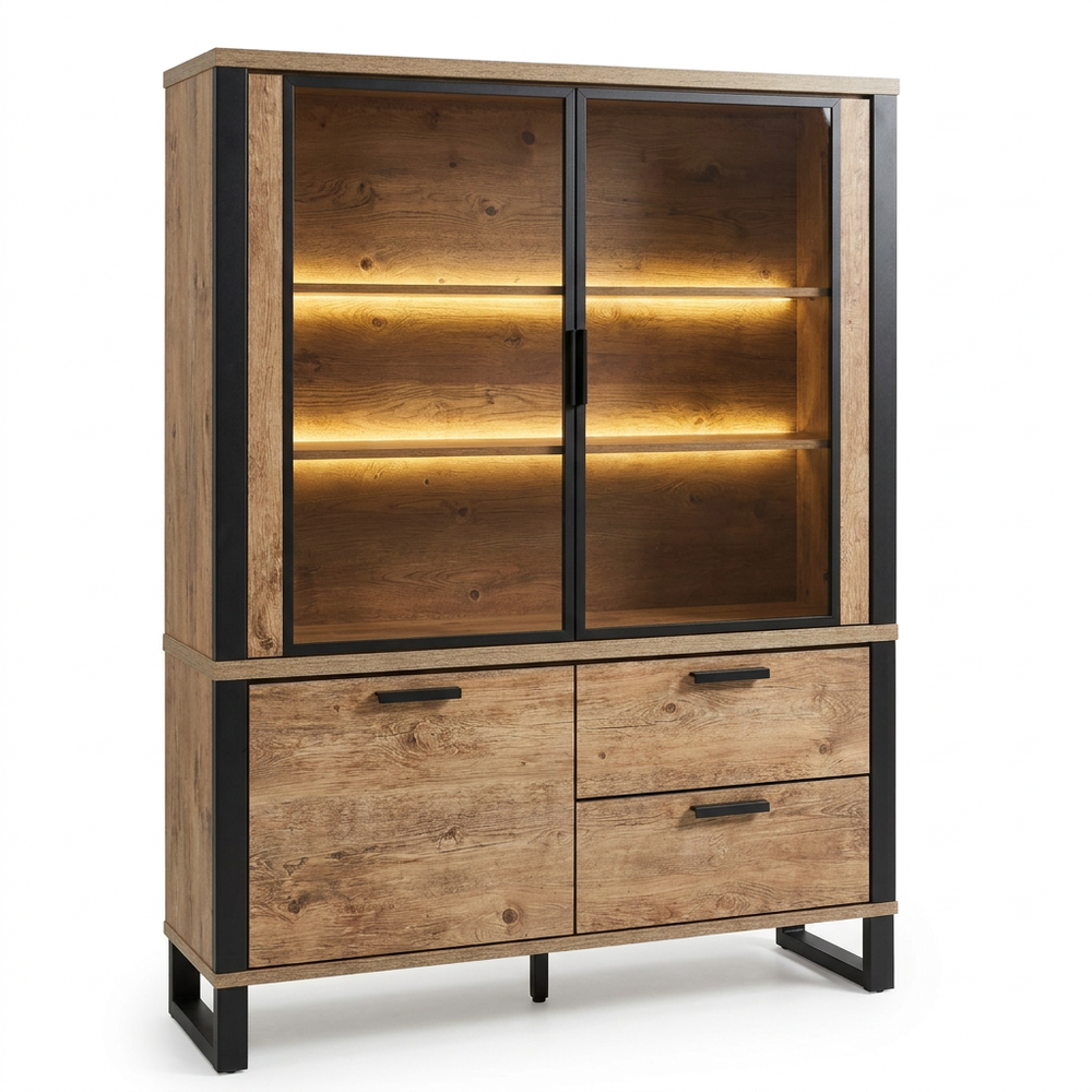 Highboard-Buffet Palox – beleuchtete Vitrine im Industrial-Look