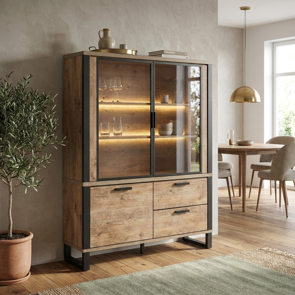 Highboard-Buffet Palox – beleuchtete Vitrine im Industrial-Look