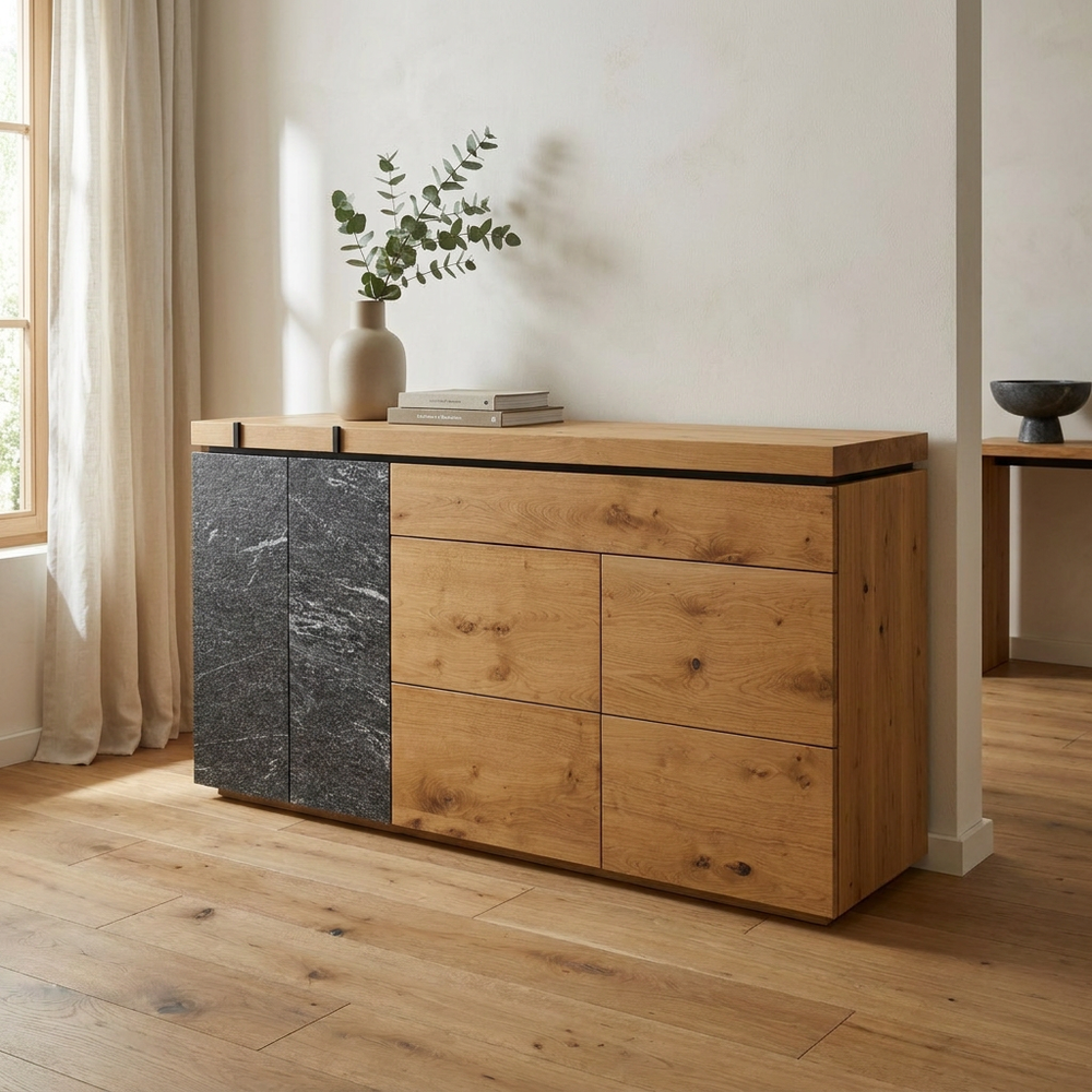 Sideboard Vrock living – Alteiche trifft Echtstein