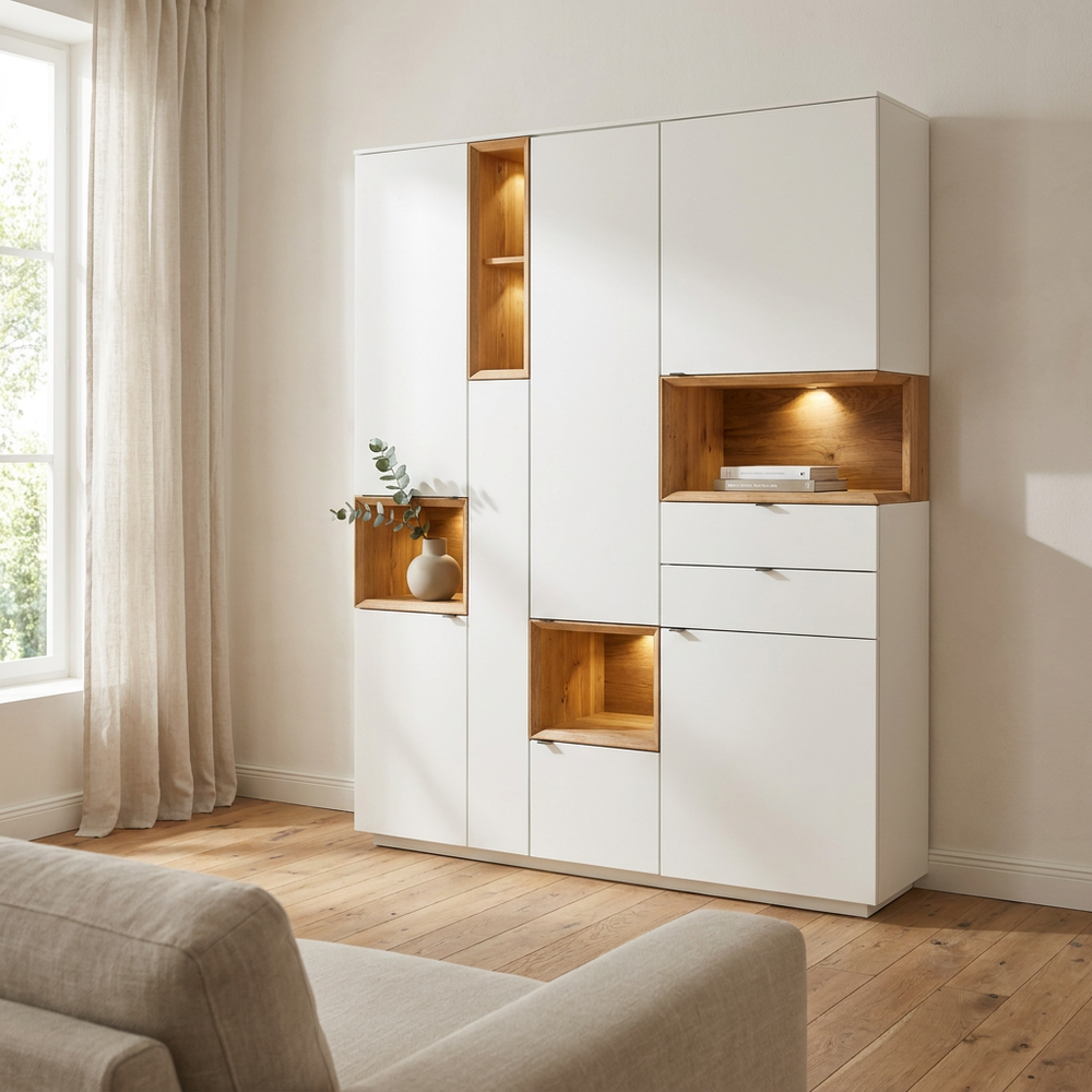 Vitrine 26025 – Kristallweiß matt trifft warme Eiche