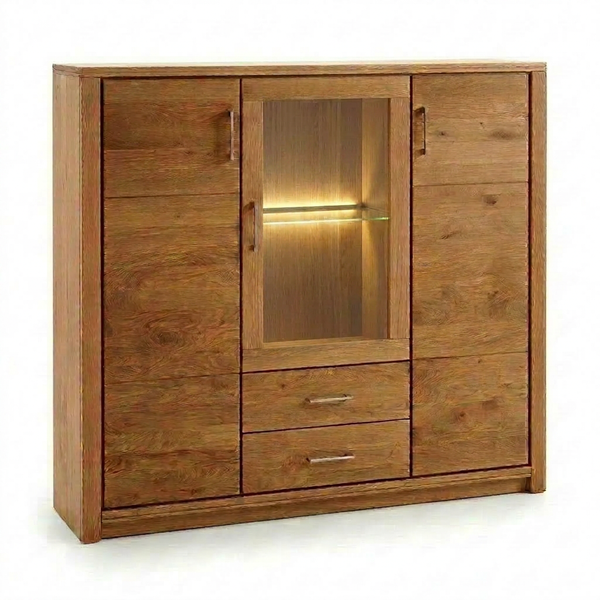 Highboard Osaka – Asteiche massiv mit Vitrine in warmer Natur-Optik