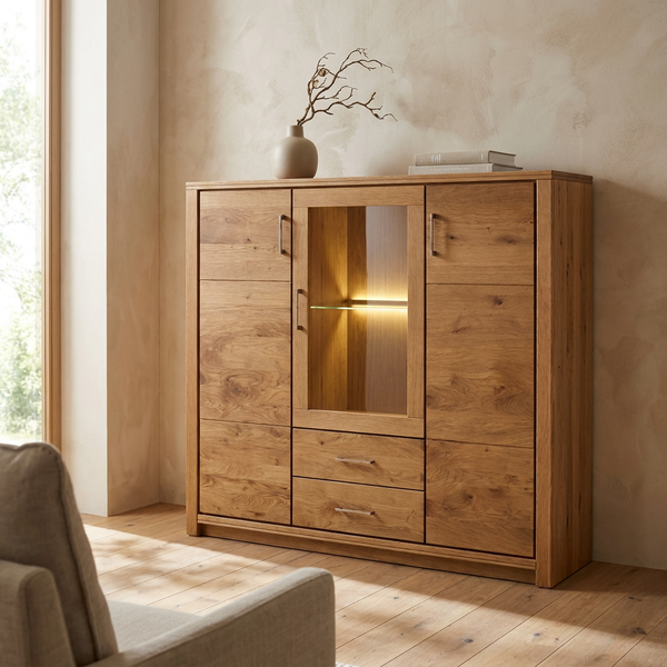 Highboard Osaka – Asteiche massiv mit Vitrine in warmer Natur-Optik
