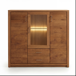 Highboard Osaka – Asteiche massiv mit Vitrine in warmer Natur-Optik
