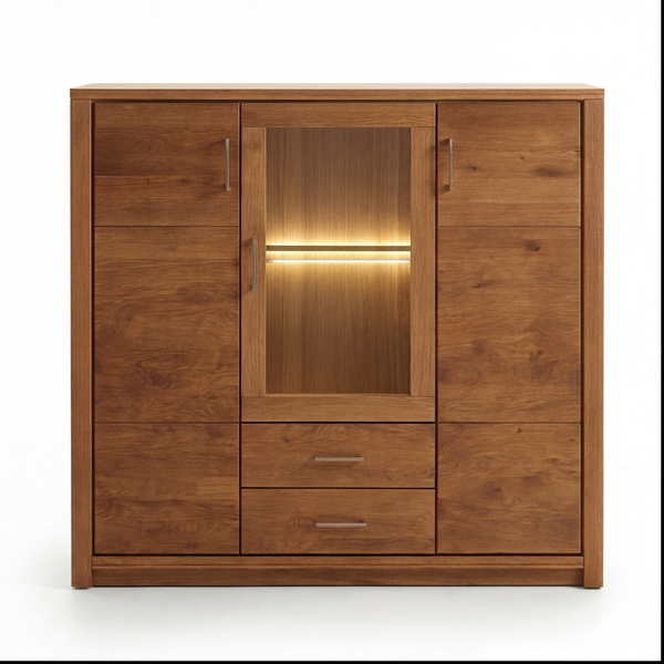 Highboard Osaka – Asteiche massiv mit Vitrine in warmer Natur-Optik