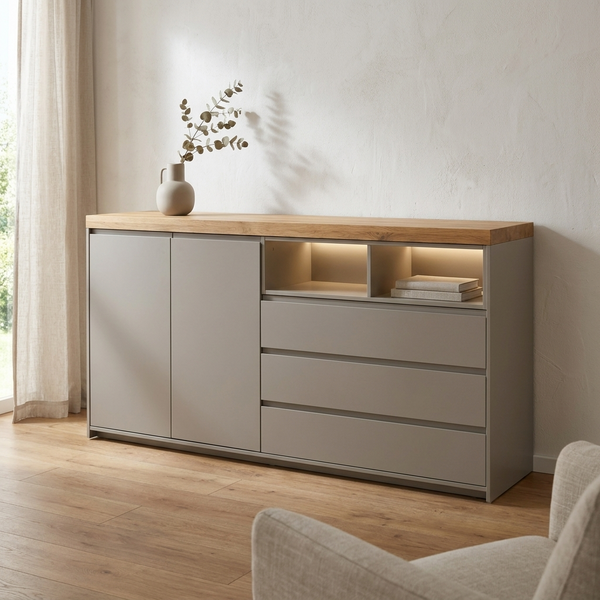 Sideboard 26169 – Steingrau matt trifft warme Wildeiche