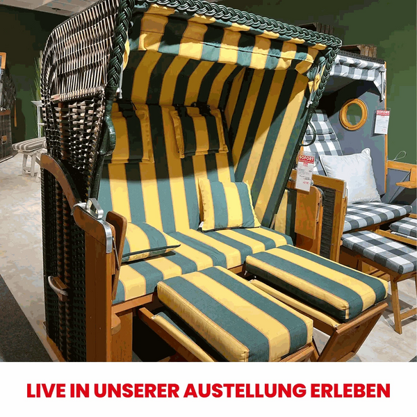 Zwei Personen Gartenstrandkorb Rustikal 250 Plus in grünem wetterbeständigem Kunststoffgeflecht mit Kissen und Fußstützen