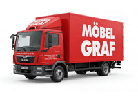 Roter Lieferwagen von Möbel Graf – Möbelhaus Heidenau, Heidenauer Straße 107 Pirna