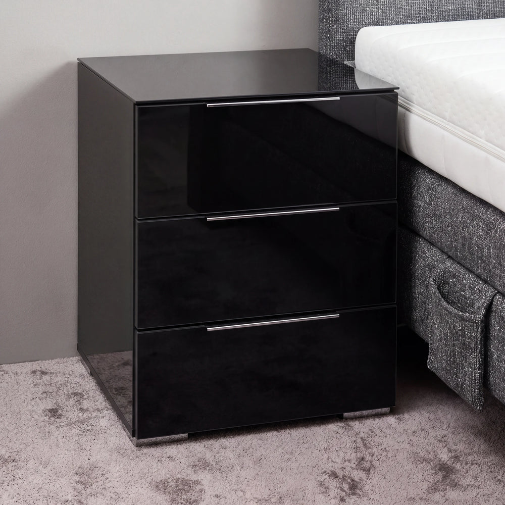 Nachtkommode Caya Schwarz matt mit Schwarzglas und 3 Schubkästen – Abverkauf Möbel Graf Dresden – Art.-Nr. 16340..1
