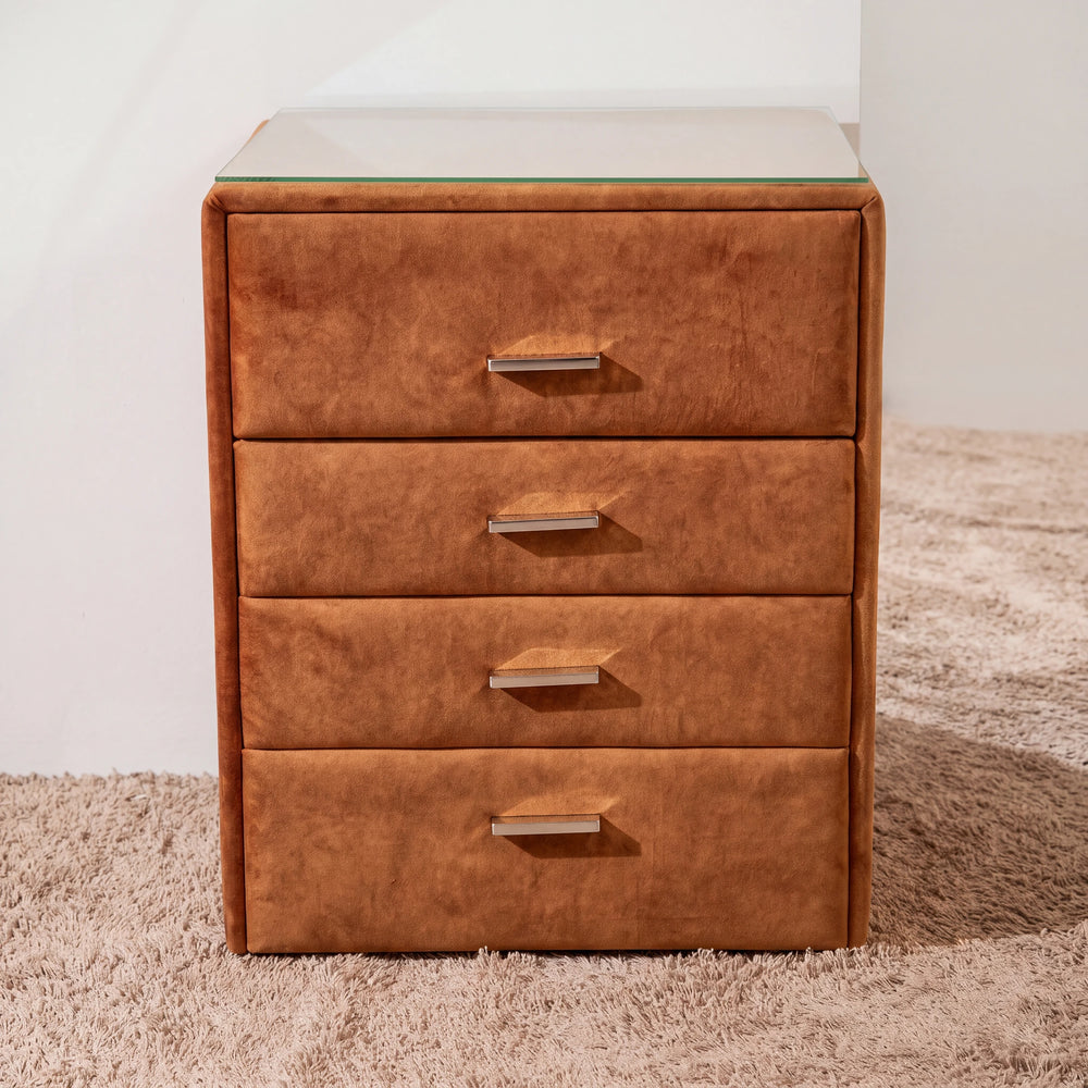 Nachtkonsole Lisboa Stoff Auri Gold mit Glasablage und 4 Schubkästen – Abverkauf Möbel Graf Dresden – Art.-Nr. 585058.1.40