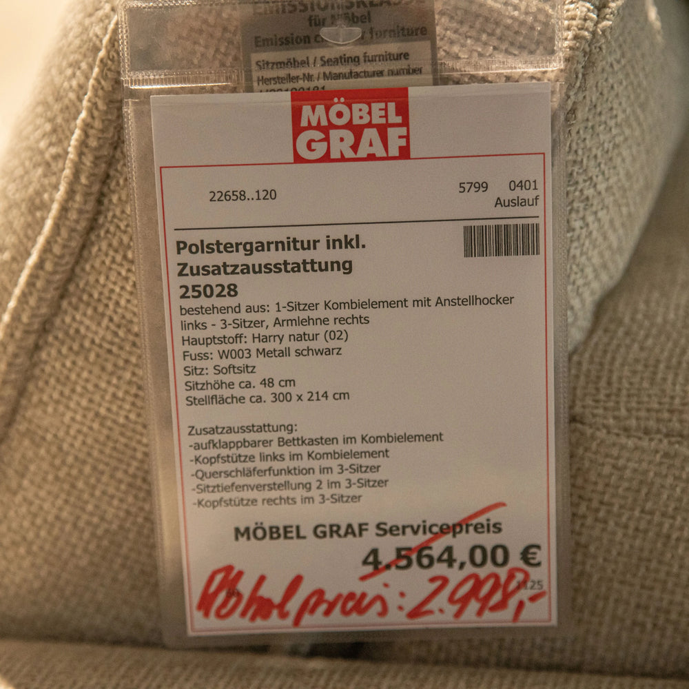 Polstergarnitur in Harry natur mit Querschläfer – Musterstück-Preisschild, Art.-Nr. 22658..120