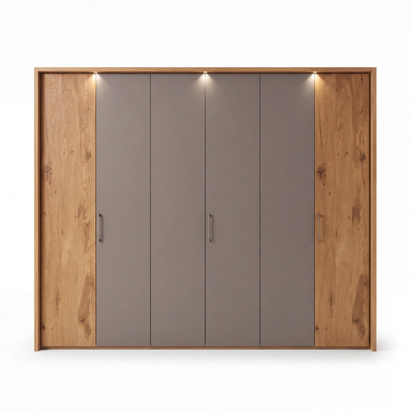 Schlafzimmer Montana Lack Manhattan mit Eiche, 6-türiger Kleiderschrank mit LED freigestellt auf weißem Hintergrund – Möbel Graf Dresden – Art.-Nr. 17025..21