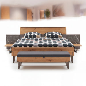 Schlafzimmer Ordino Lack Graphit mit Wildeiche massiv, Kleiderschrank, Komfortbett und Bettbank freigestellt auf weißem Hintergrund – Möbel Graf Dresden – Art.-Nr. 19654..31