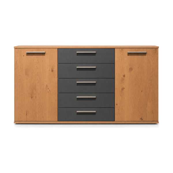 Superkombikommode Interliving 1022 Eiche Barrique mit Lack Basalt 151 cm freigestellt auf weißem Hintergrund – Möbel Graf Dresden – Art.-Nr. 935002..30